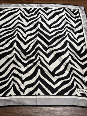 Coach Black and White Zebra Silk Scarf with Logo